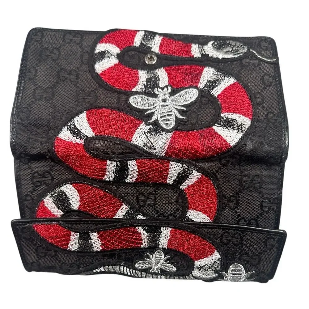 Gucci GG Monogram Canvas Leather Trim Bifold Wallet Kingsnake Bee Continental